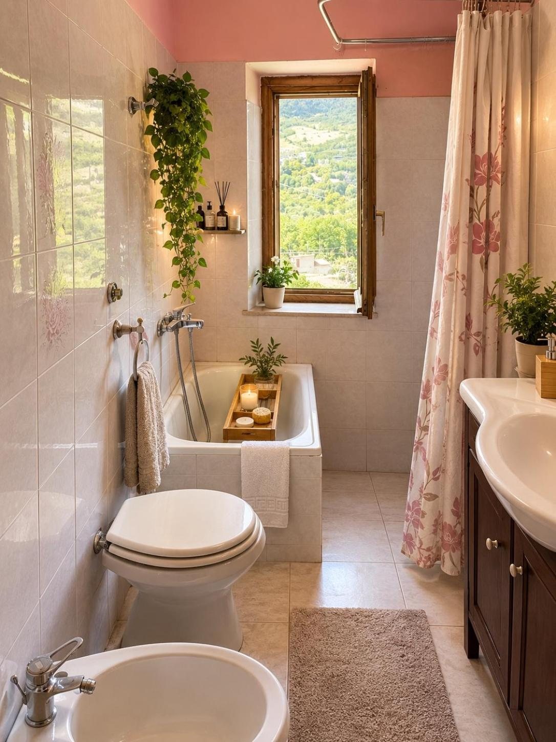 Bagno con vasca, bidet e finestra affacciata sul verde